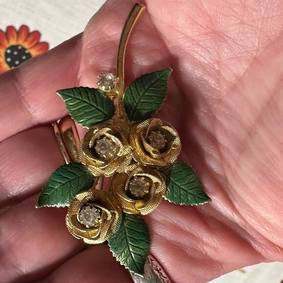 Vintage Signed Hobe Flower Mesh Gold tone Rose Brooch Pin - Picture 5 of 7
